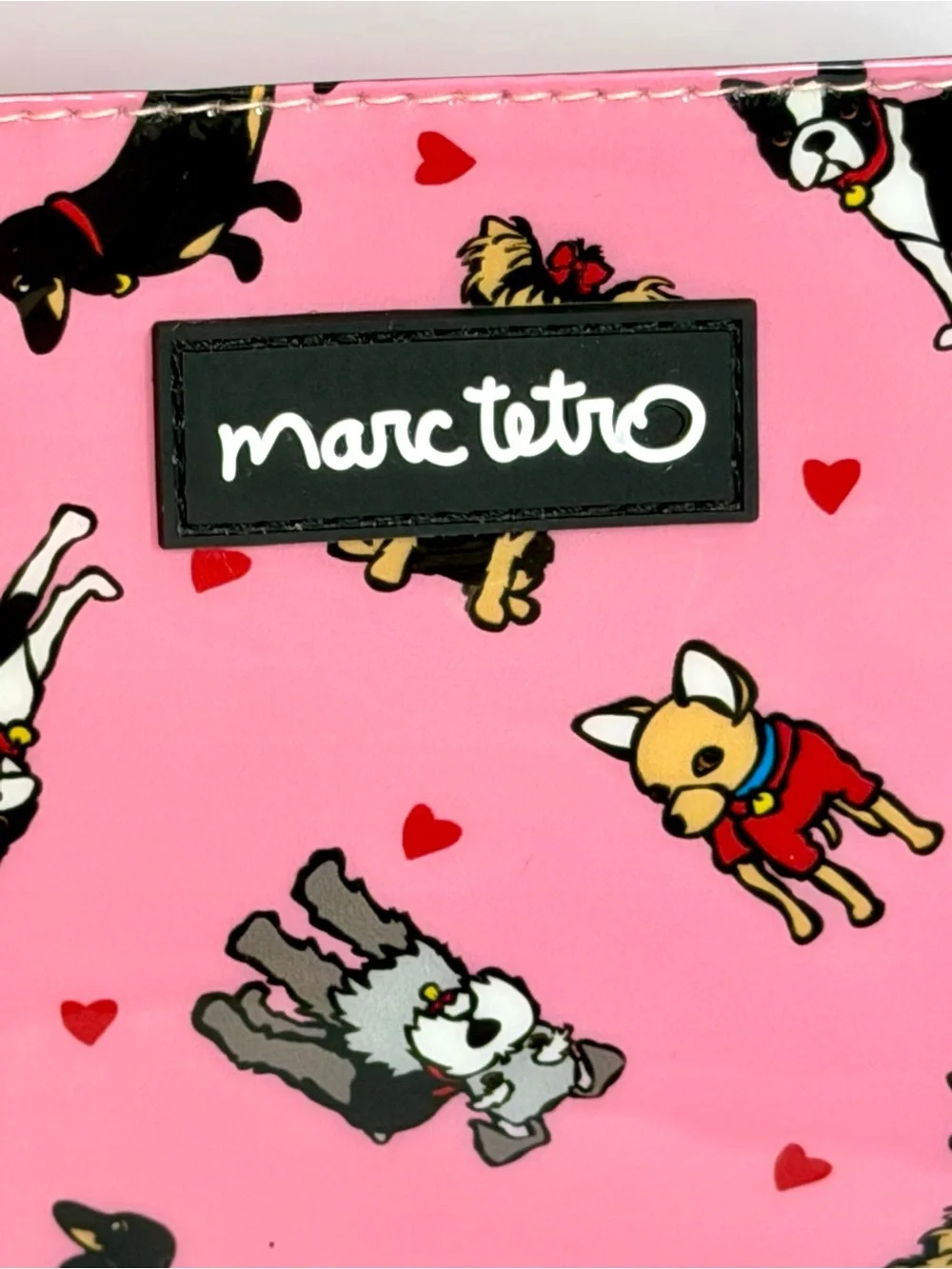 NWT Marc Tetro Pink Patent Multi Dog Print Cosmetic Bag Pouch Heart Zipper Pull